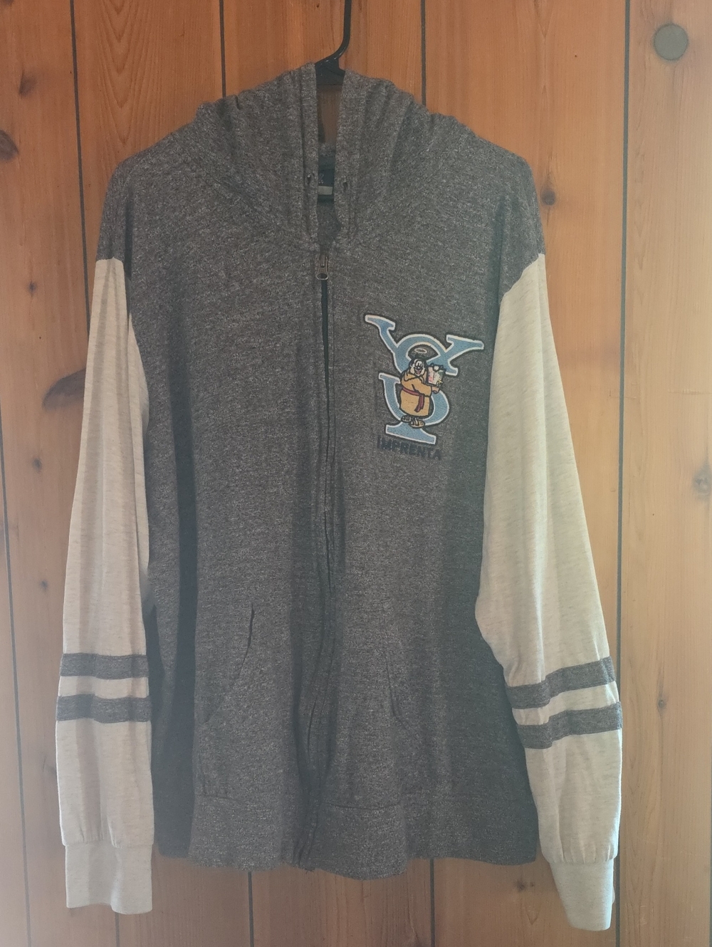 MV Sport Gray Zip-Up Hoodie Sweater with Cream Sleeves and Patch